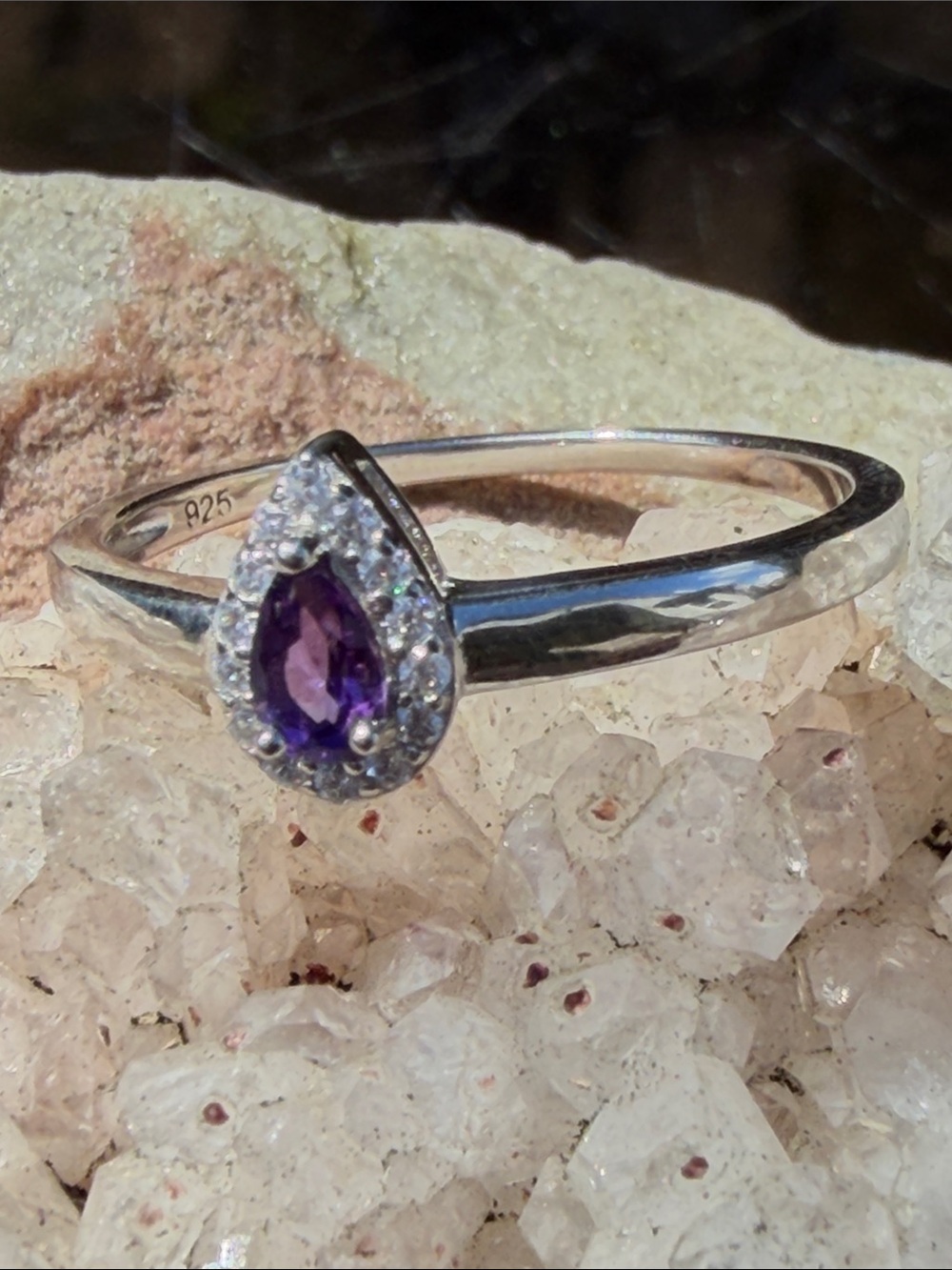 Sterling Silver Pear Amethyst Halo Ring